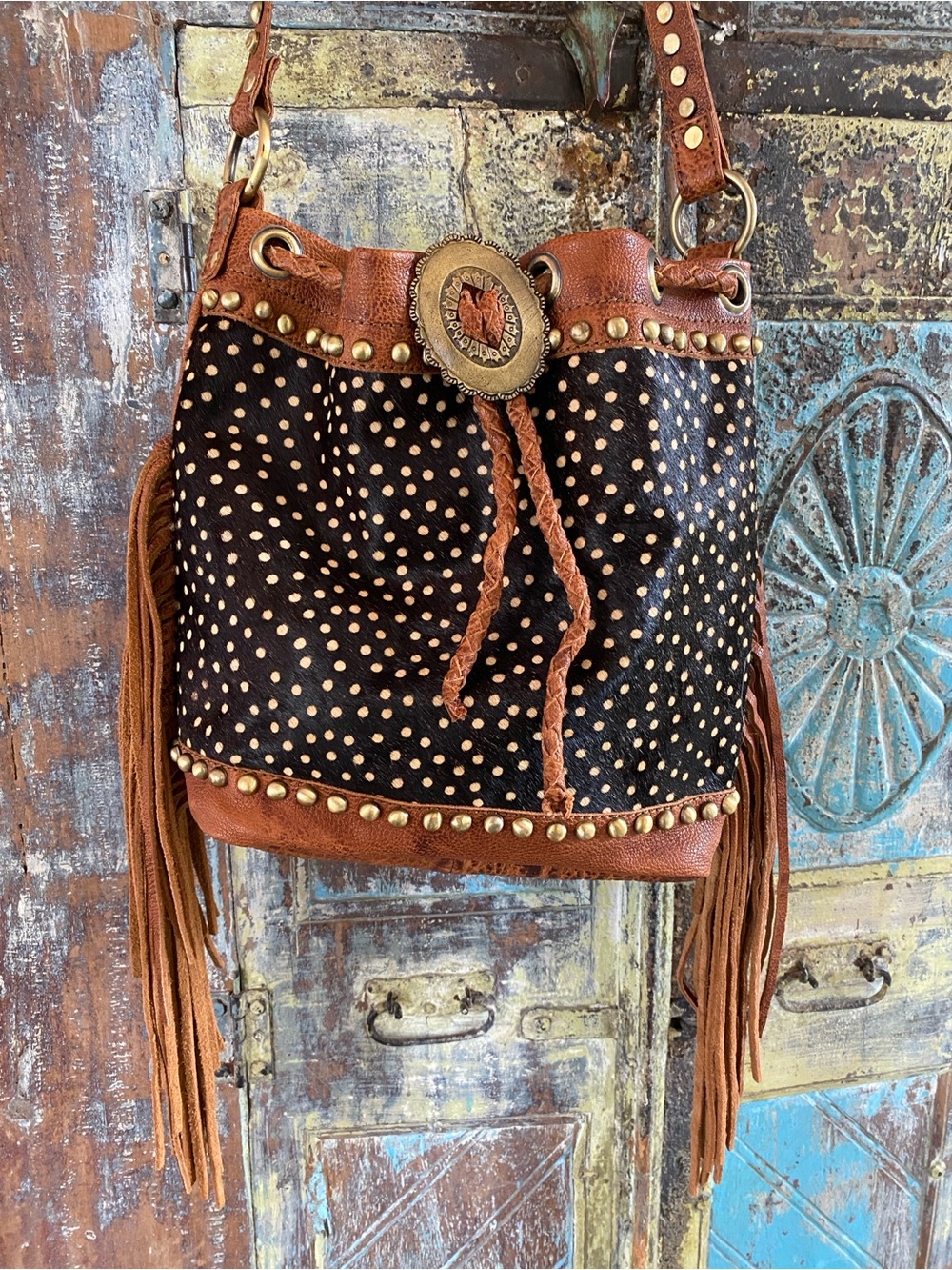 American Darling Black and Brown Leather Fringe Studded Shoulder Bag